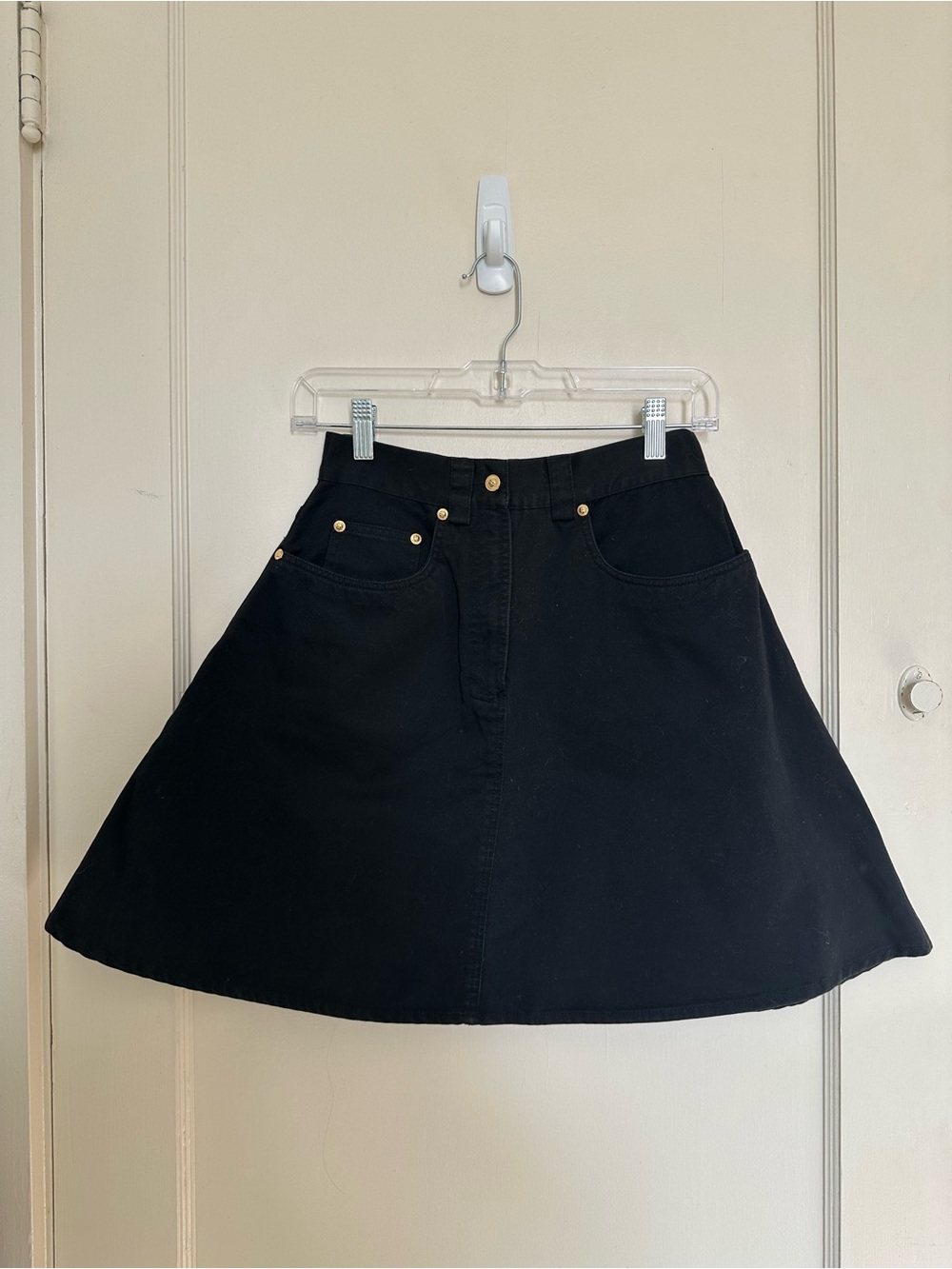 Vintage Versace Jeans Black A-Line Denim Mini Skirt with Gold Medusa Head Button
